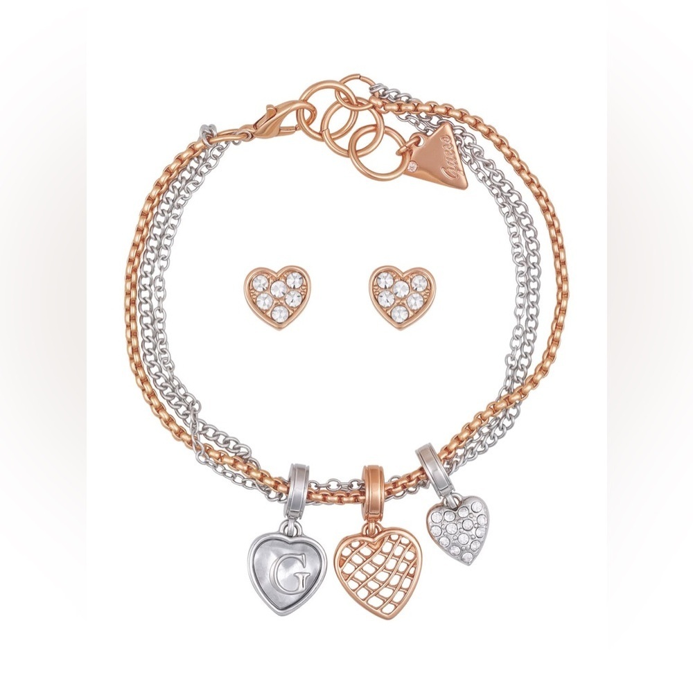 NWT Guess Mixed-Tone Heart Layered Bracelet And Earrings Box Set - Picture 2 of 3